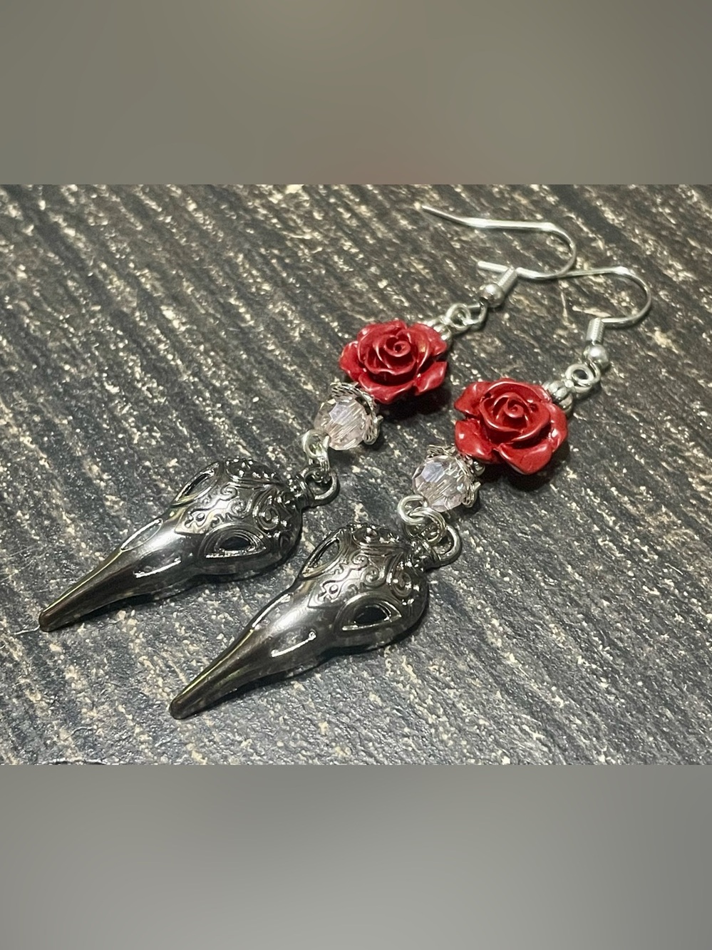 Raven Skull Red Rose Earrings Handcrafted Fashion Jewelry